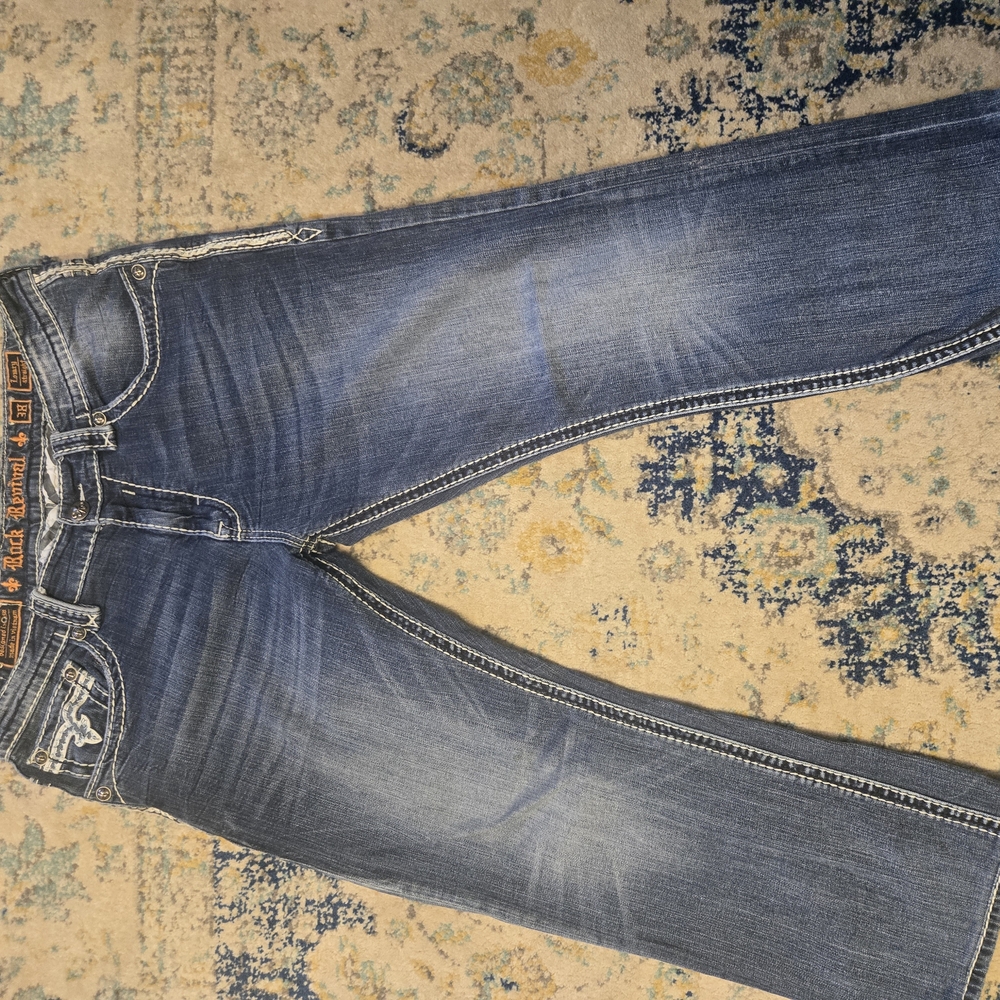 Rock Revival Dark Blue Jeans with White Stitching 38x30